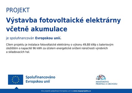 Plakát projektu Výstavba fotovoltaické elektrárny včetně akumulace, spolufinancováno Evropskou unií
